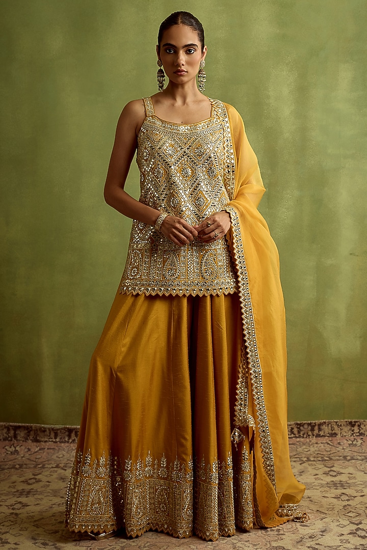 Yellow Slub Silk Mirror Embroidered Wedding Sharara Set by Suhino at Pernia's Pop Up Shop