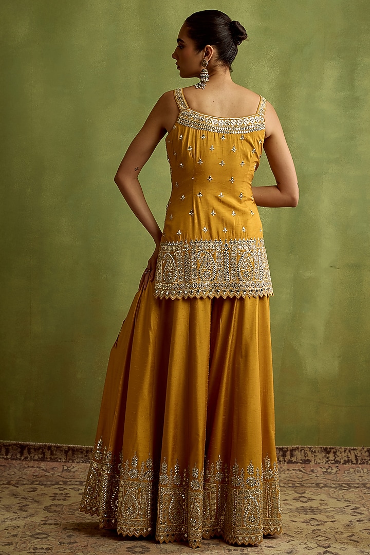 Yellow Slub Silk Mirror Embroidered Wedding Sharara Set by Suhino at Pernia's Pop Up Shop
