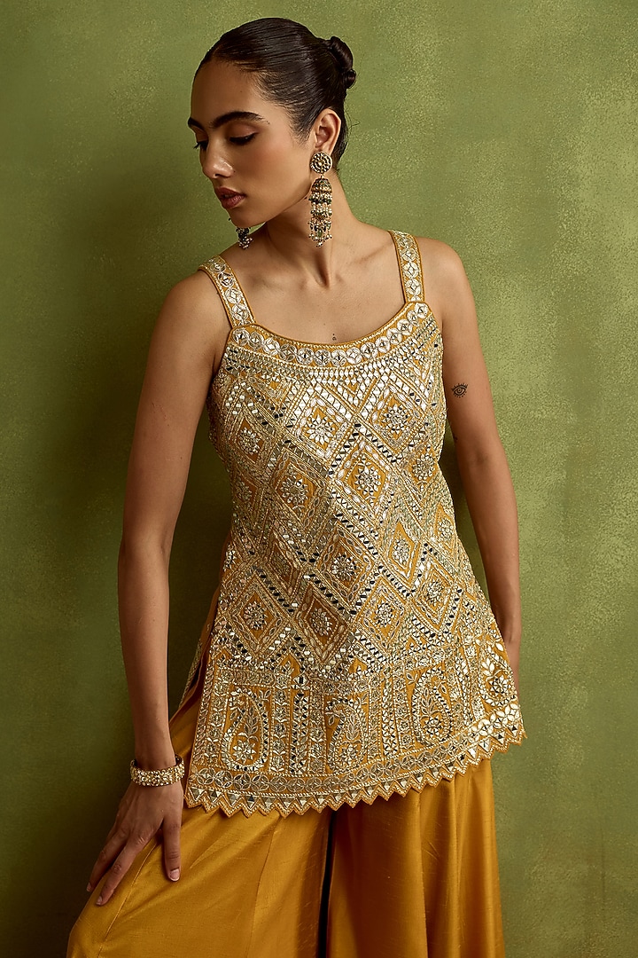 Yellow Slub Silk Mirror Embroidered Wedding Sharara Set by Suhino at Pernia's Pop Up Shop