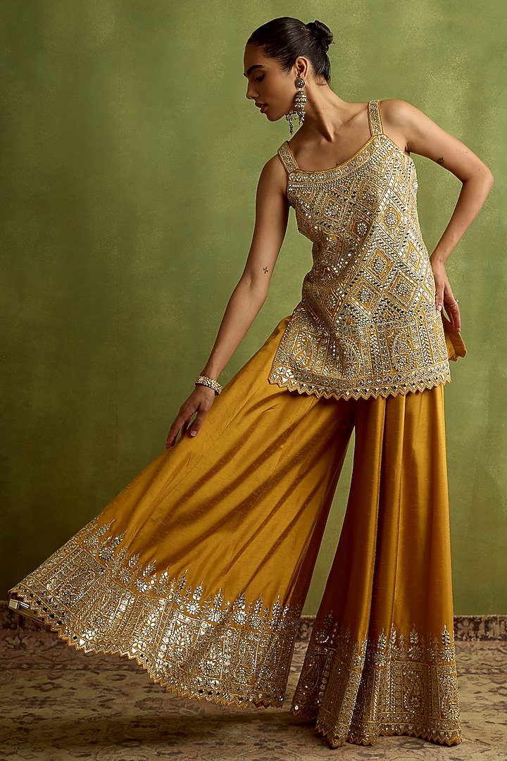 Yellow Slub Silk Mirror Embroidered Wedding Sharara Set by Suhino at Pernia's Pop Up Shop