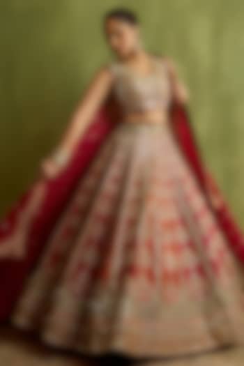 Rani Pink & Rust Slub Silk Mirror Embroidered Wedding Lehenga Set by Suhino at Pernia's Pop Up Shop