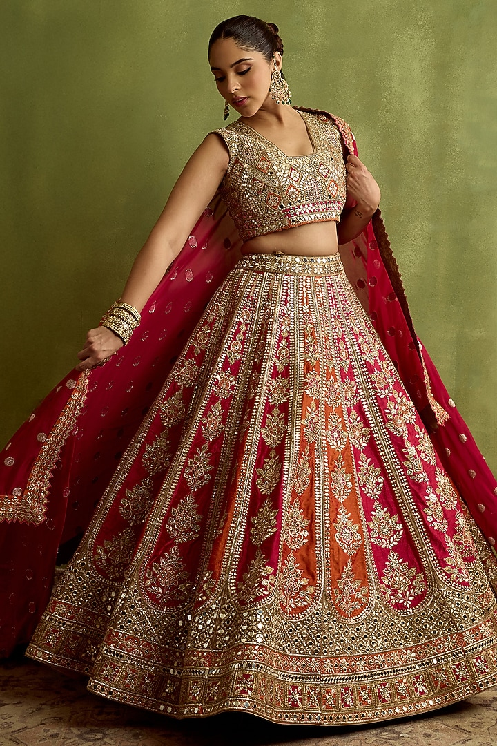 Rani Pink & Rust Slub Silk Mirror Embroidered Wedding Lehenga Set by Suhino at Pernia's Pop Up Shop