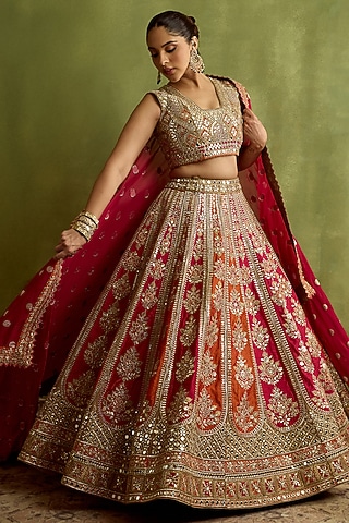 Rani Pink & Rust Slub Silk Mirror Embroidered Lehenga Set by Suhino