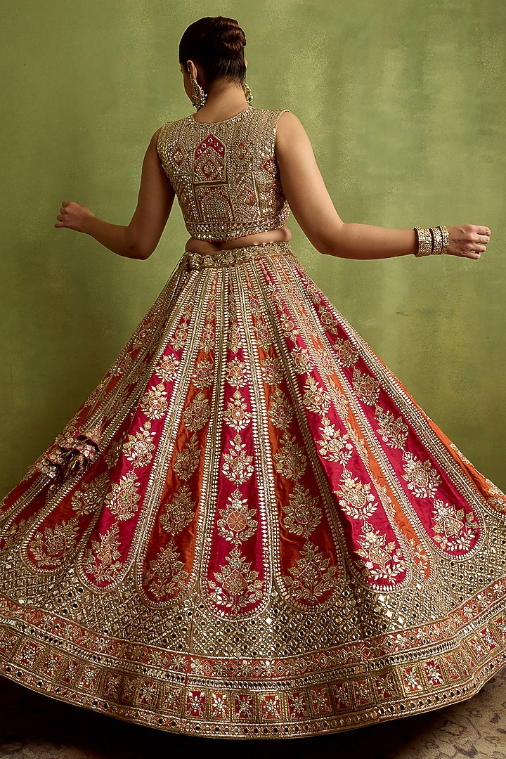 Rani Pink & Rust Slub Silk Mirror Embroidered Wedding Lehenga Set by Suhino at Pernia's Pop Up Shop