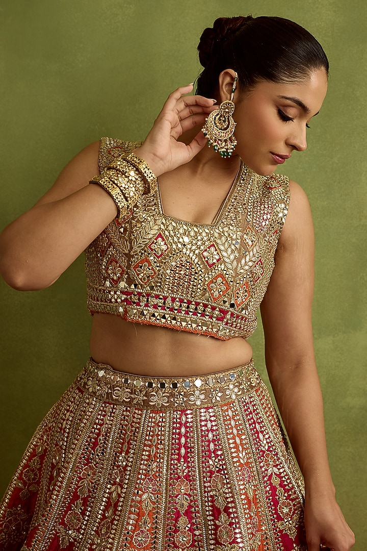 Rani Pink & Rust Slub Silk Mirror Embroidered Wedding Lehenga Set by Suhino at Pernia's Pop Up Shop