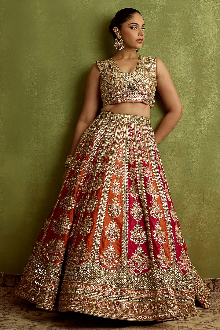 Rani Pink & Rust Slub Silk Mirror Embroidered Wedding Lehenga Set by Suhino at Pernia's Pop Up Shop