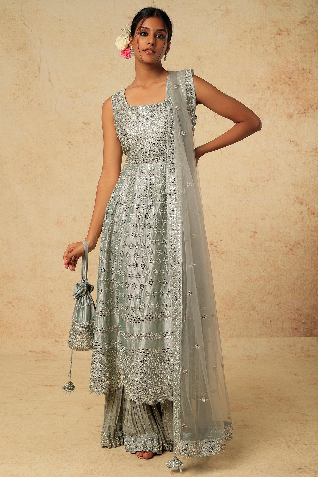 Anarkali Suit Silver Cream Georgette Silver Sequin Embroidered