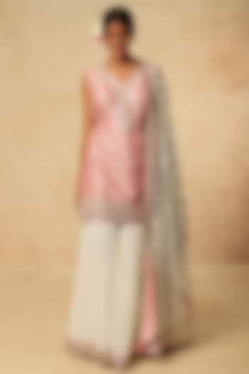 Blush Pink Silk Embroidered Gharara Set by Suhino