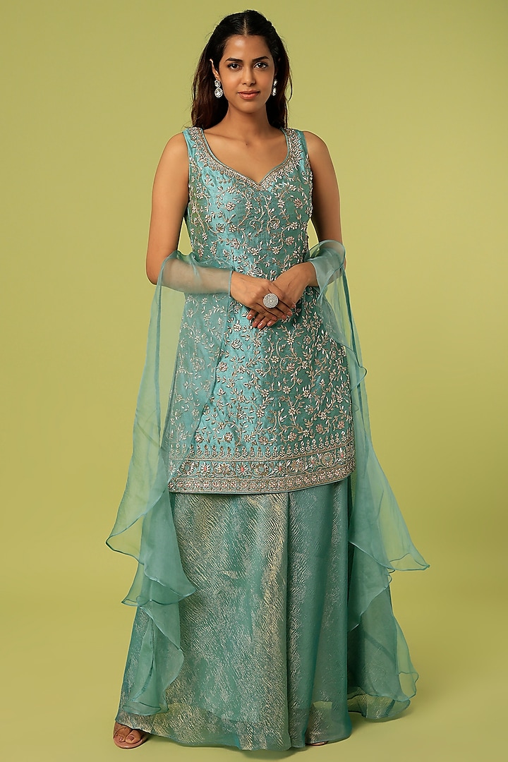 Turquoise Embroidered Sharara Set by Suhino