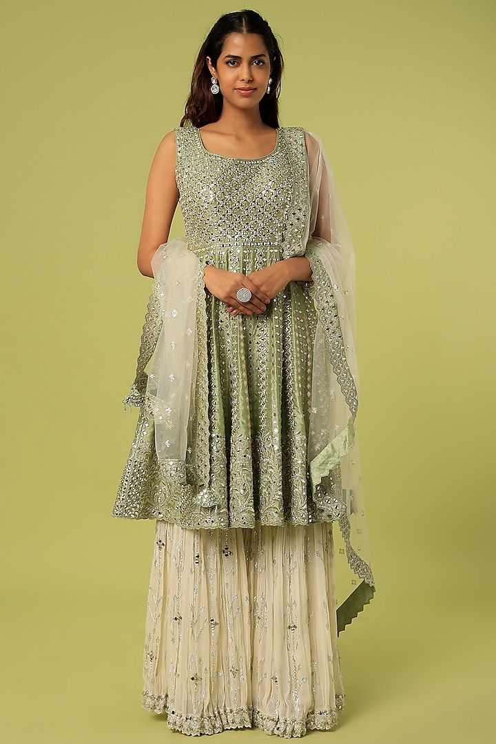 Green & Off-White Embroidered Gharara Set by Suhino