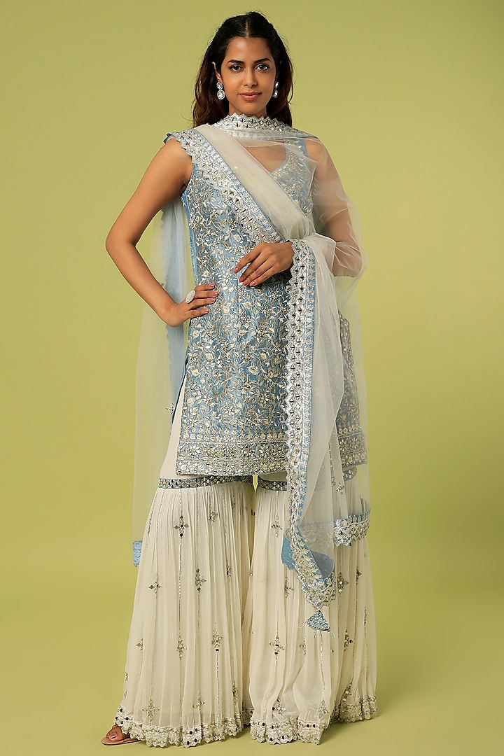 Off-White Georgette Mirror & Zari Embroidered Gharara Set by Suhino