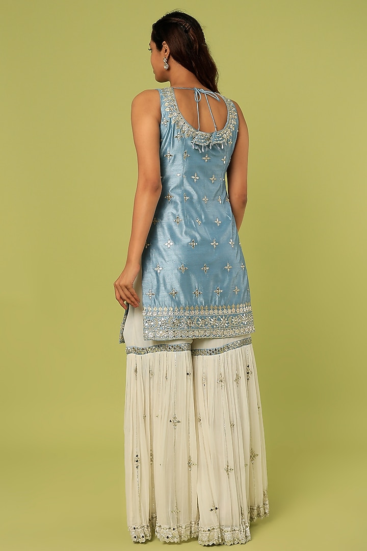 Off-White Georgette Mirror & Zari Embroidered Gharara Set by Suhino at Pernia's Pop Up Shop