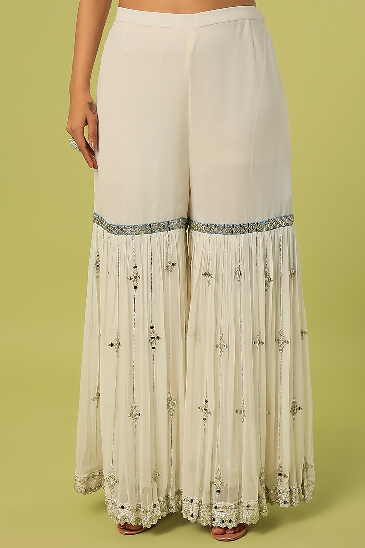Off-White Georgette Mirror & Zari Embroidered Gharara Set by Suhino at Pernia's Pop Up Shop