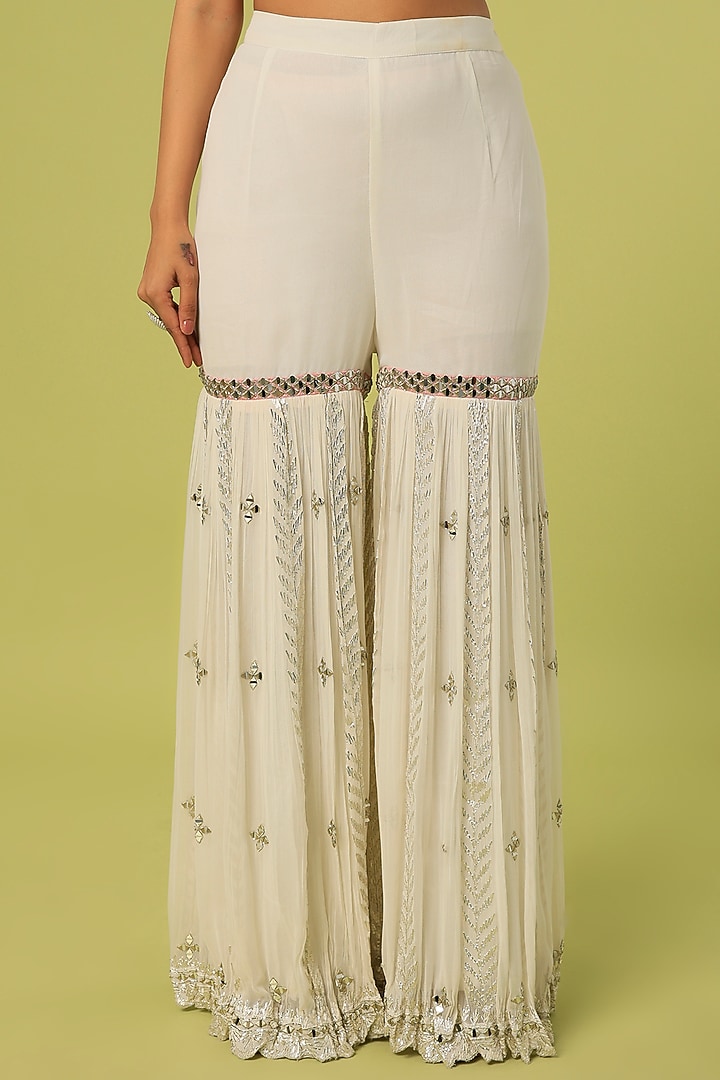 Off-White Georgette Mirror & Zari Embroidered Gharara Set by Suhino at Pernia's Pop Up Shop