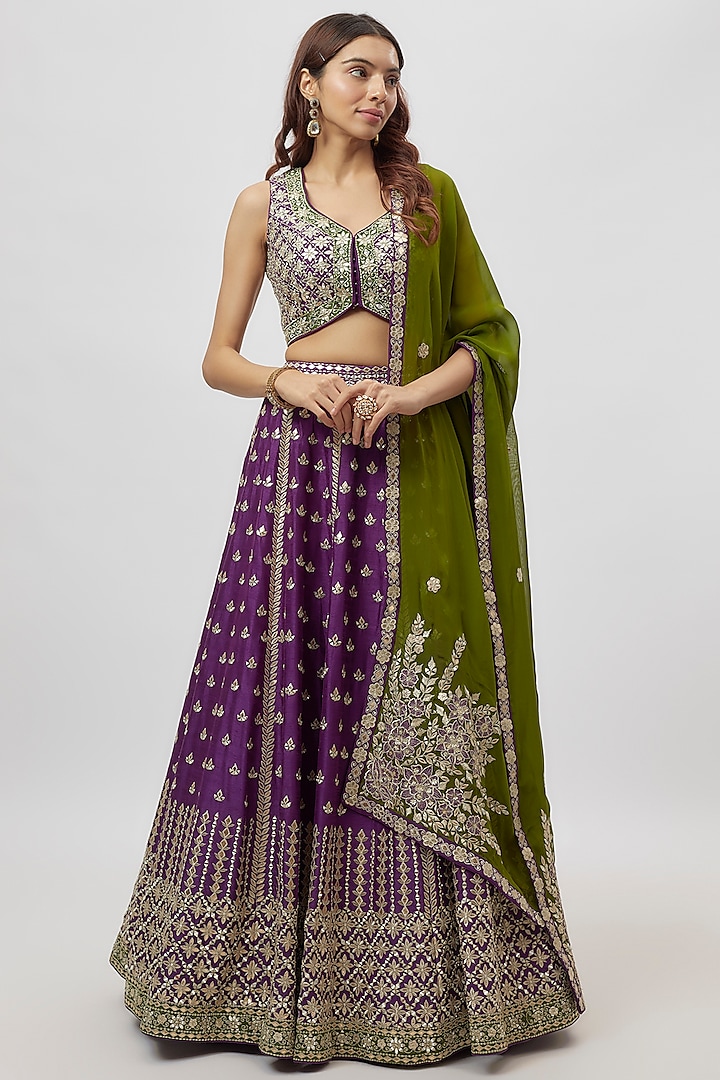 Purple Slub Silk Mirror Embroidered Wedding Lehenga Set by Suhino at Pernia's Pop Up Shop
