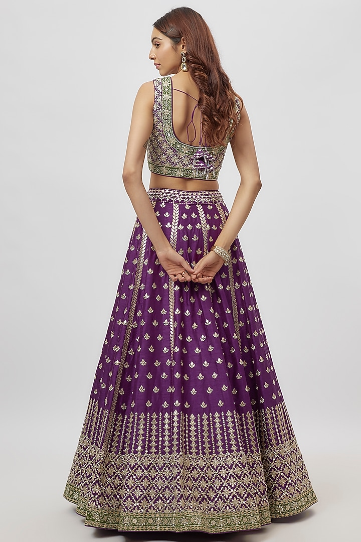 Purple Slub Silk Mirror Embroidered Wedding Lehenga Set by Suhino at Pernia's Pop Up Shop