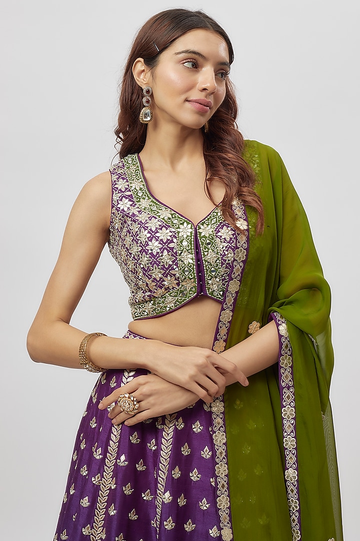Purple Slub Silk Mirror Embroidered Wedding Lehenga Set by Suhino at Pernia's Pop Up Shop