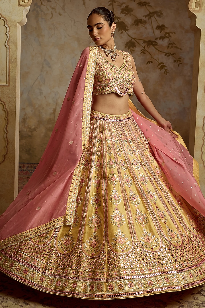 Yellow Slub Silk Mirror Embroidered Wedding Lehenga Set by Suhino at Pernia's Pop Up Shop