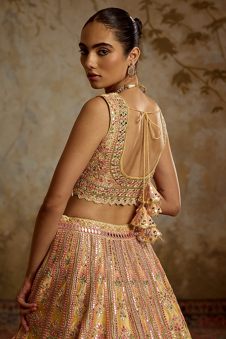 Yellow Slub Silk Mirror Embroidered Wedding Lehenga Set by Suhino at Pernia's Pop Up Shop