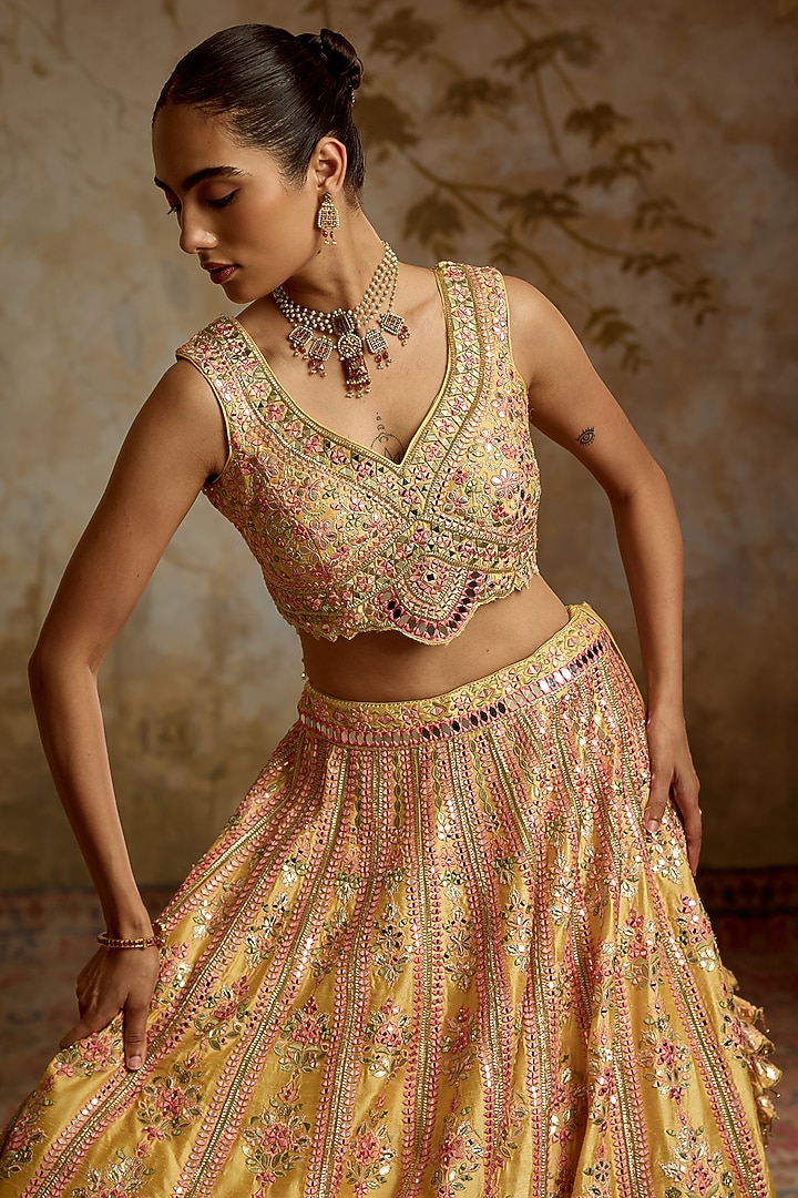 Yellow Slub Silk Mirror Embroidered Wedding Lehenga Set by Suhino at Pernia's Pop Up Shop