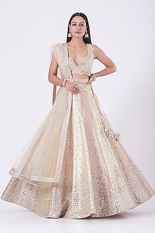 Soft Beige & Peach Embroidered Lehenga Set by Suhino