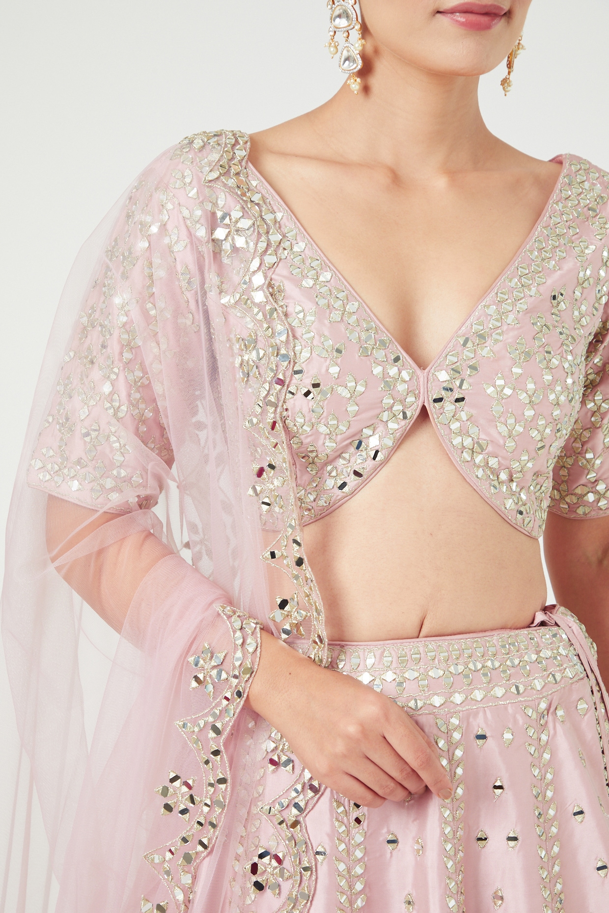 Light Pink Mirror Work Embroidered Silk Lehenga – paanericlothing