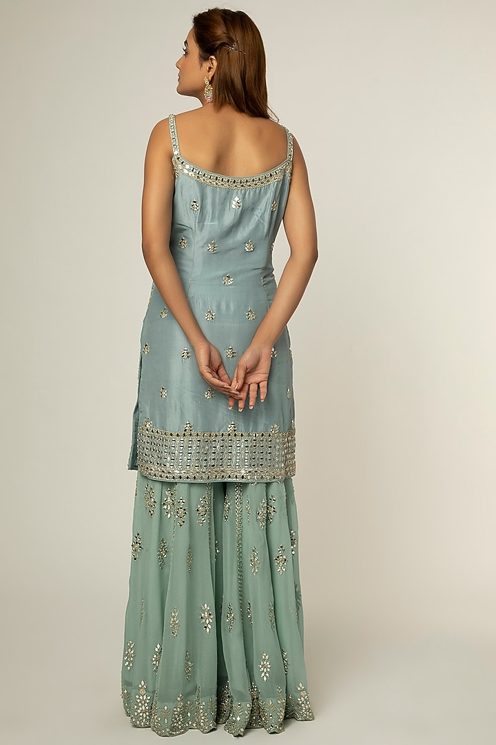 Ice Blue Georgette Mirror Embroidered Gharara Set by Suhino at Pernia's Pop Up Shop