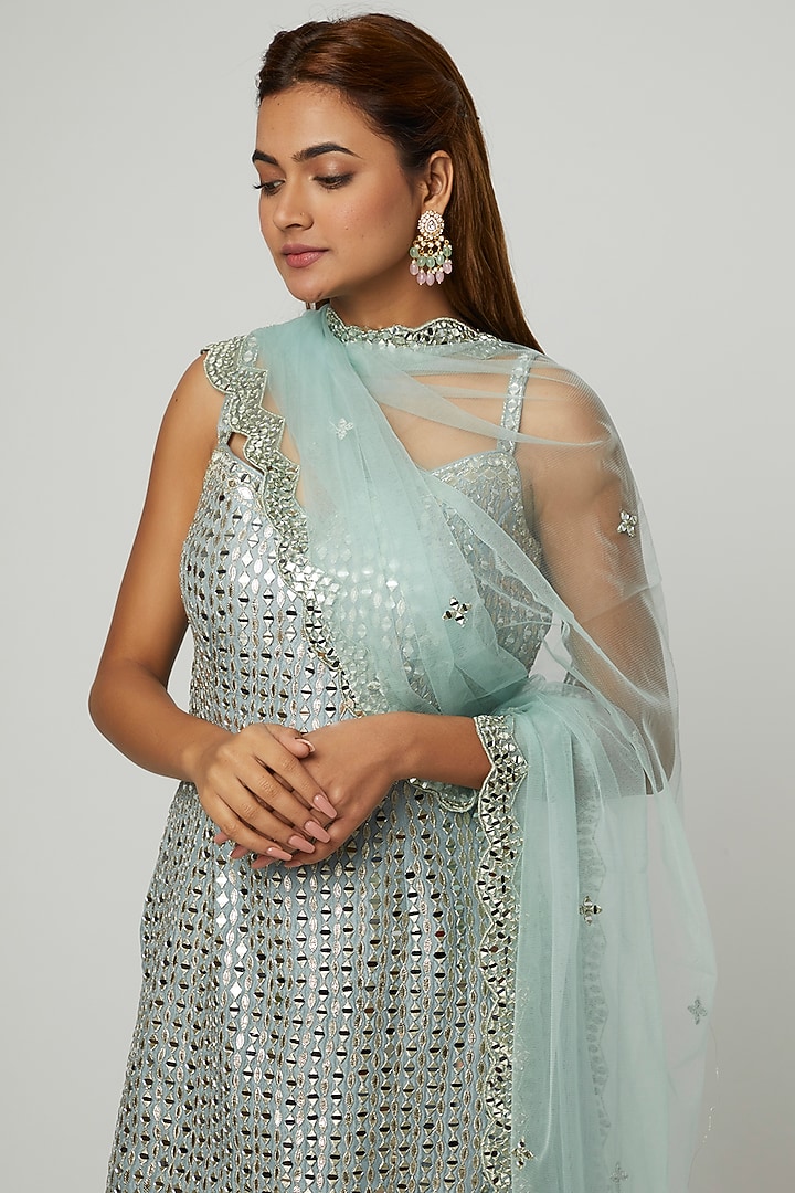 Ice Blue Georgette Mirror Embroidered Gharara Set by Suhino at Pernia's Pop Up Shop