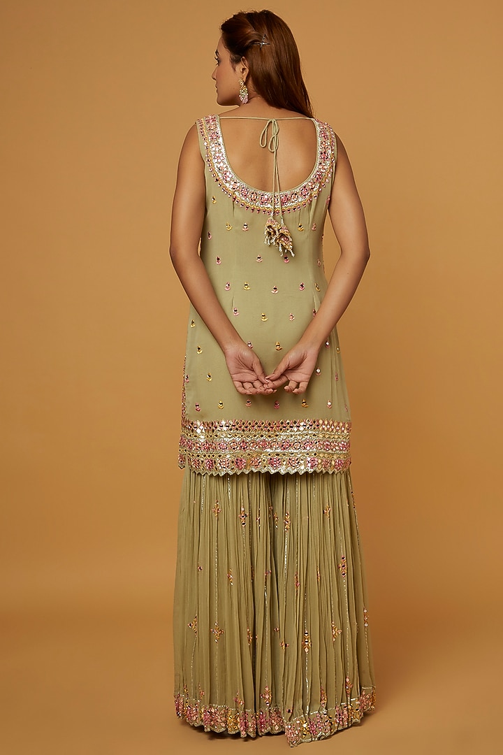 Olive Green Georgette Resham Embroidered Gharara Set by Suhino at Pernia's Pop Up Shop