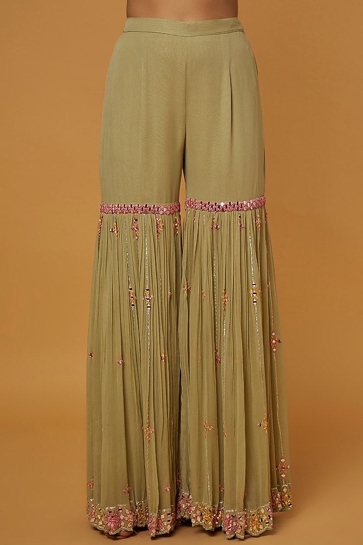 Olive Green Georgette Resham Embroidered Gharara Set by Suhino at Pernia's Pop Up Shop