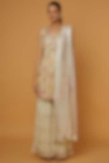 White Georgette Resham Embroidered Gharara Set by Suhino