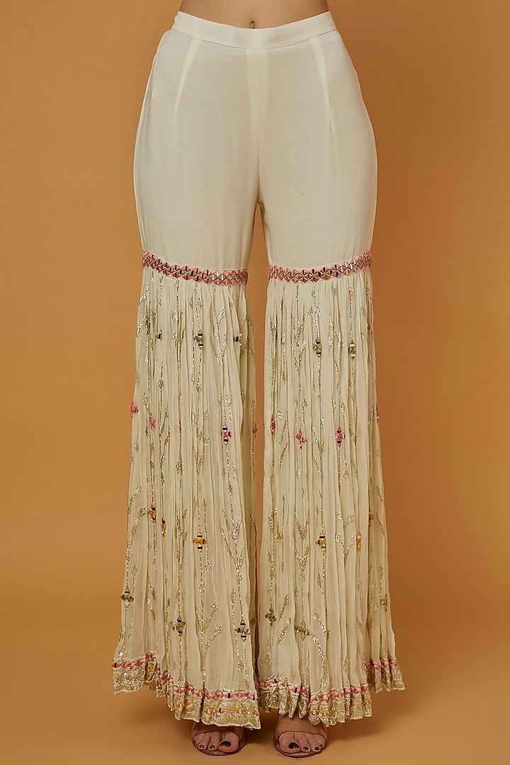 White Georgette Resham Embroidered Gharara Set by Suhino at Pernia's Pop Up Shop
