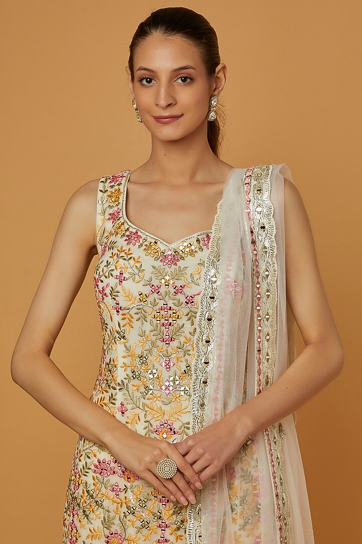 White Georgette Resham Embroidered Gharara Set by Suhino at Pernia's Pop Up Shop