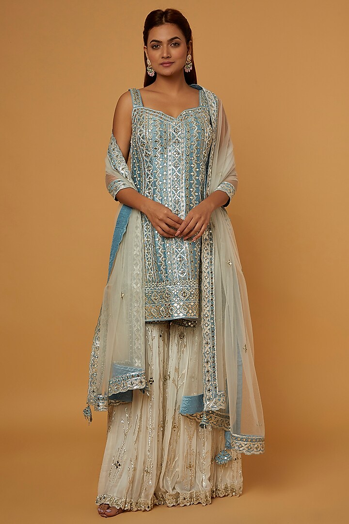 Off-White Slub Silk Resham Embroidered Gharara Set by Suhino at Pernia's Pop Up Shop