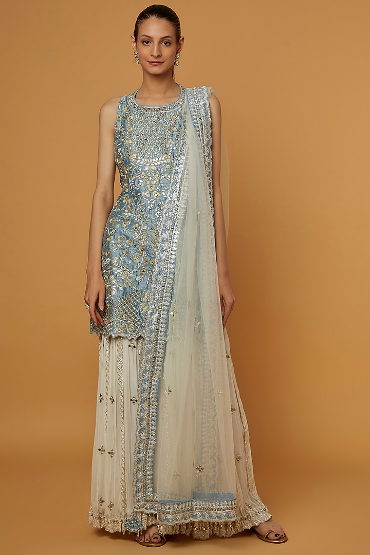 Off-White Slub Silk Gota Embroidered Gharara Set by Suhino at Pernia's Pop Up Shop