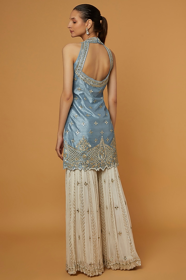 Off-White Slub Silk Gota Embroidered Gharara Set by Suhino at Pernia's Pop Up Shop