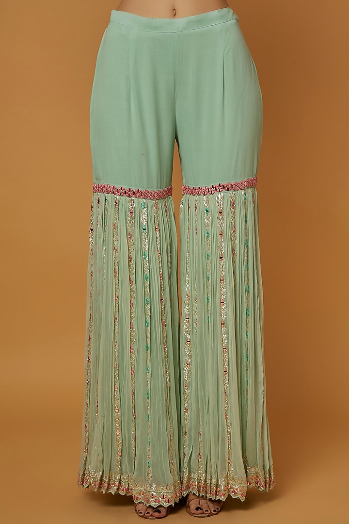 Aqua Georgette Mirror Embroidered Gharara Set by Suhino at Pernia's Pop Up Shop