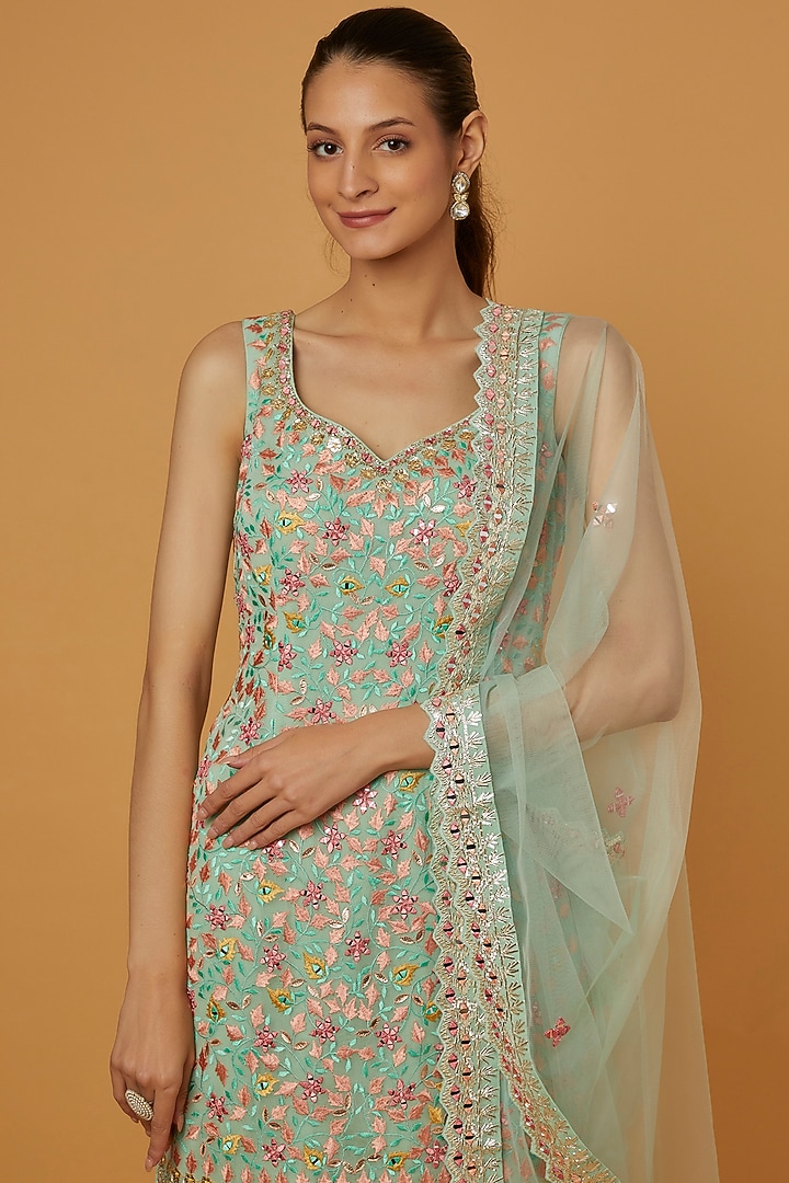 Aqua Georgette Mirror Embroidered Gharara Set by Suhino at Pernia's Pop Up Shop
