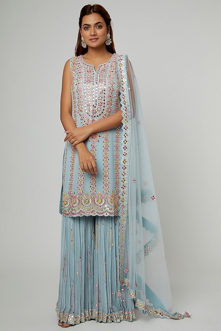 Ice Blue Georgette Mirror Embroidered Gharara Set by Suhino at Pernia's Pop Up Shop