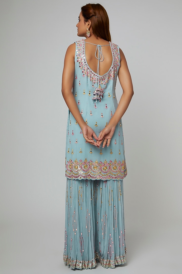 Ice Blue Georgette Mirror Embroidered Gharara Set by Suhino at Pernia's Pop Up Shop