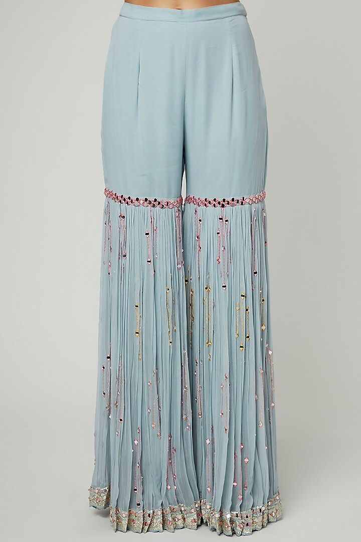 Ice Blue Georgette Mirror Embroidered Gharara Set by Suhino at Pernia's Pop Up Shop