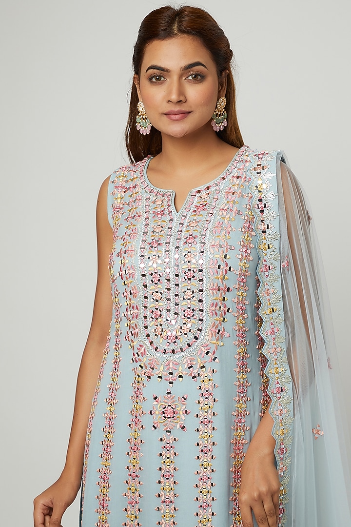 Ice Blue Georgette Mirror Embroidered Gharara Set by Suhino at Pernia's Pop Up Shop
