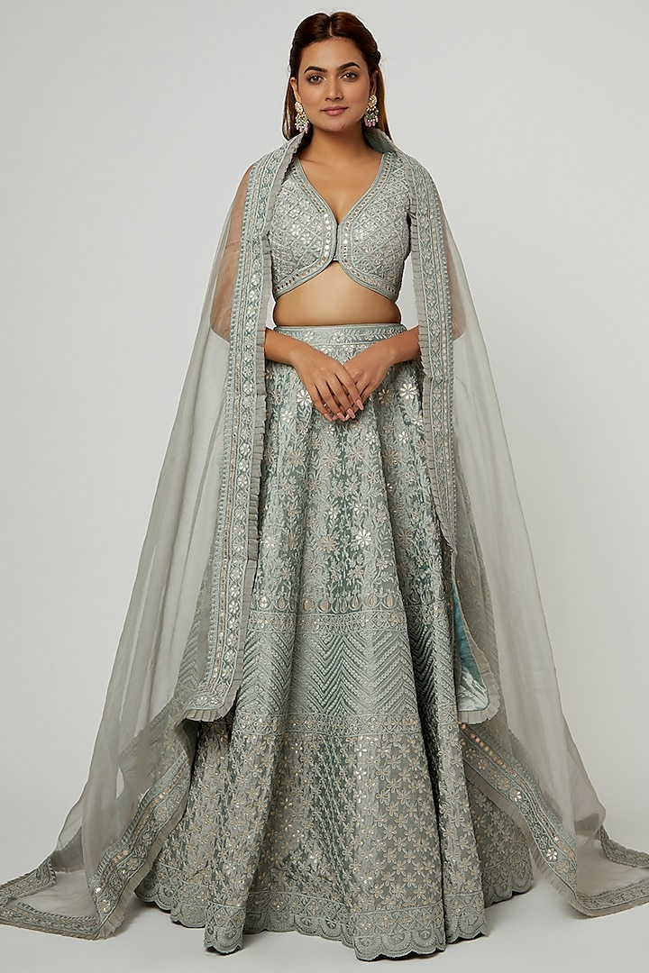 Grey Slub Silk Embroidered Lehenga  by Suhino