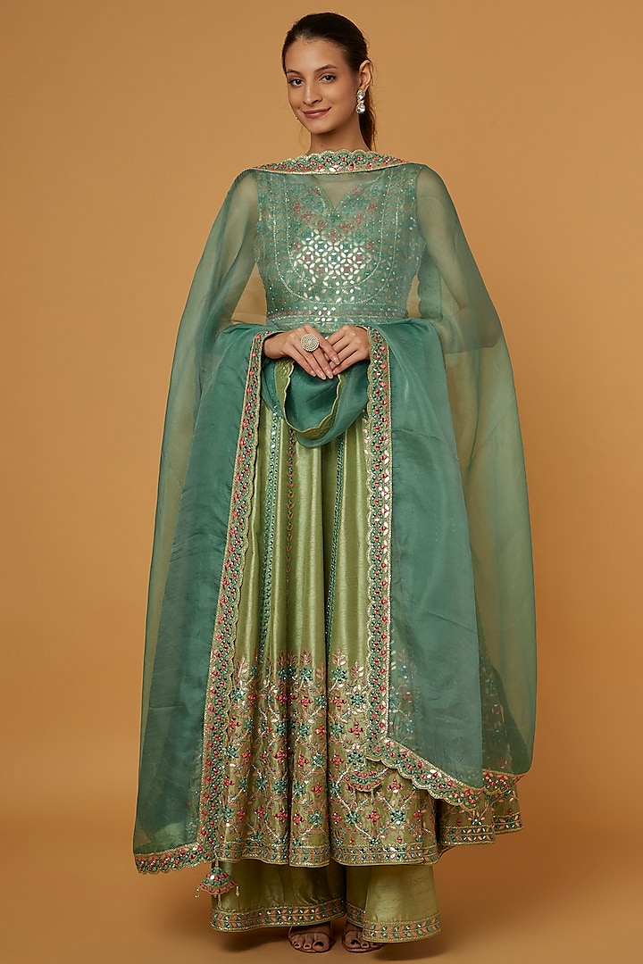 Pista Green Embroidered Anarkali Set by Suhino
