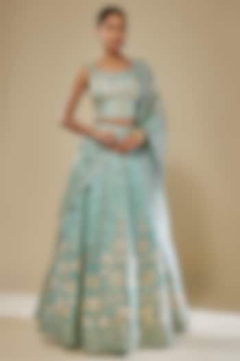 Aqua Ombre Organza Zari Embroidered Wedding Lehenga Set by Suhino at Pernia's Pop Up Shop