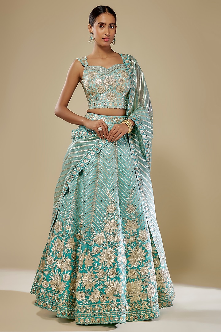 Aqua Ombre Organza Zari Embroidered Wedding Lehenga Set by Suhino at Pernia's Pop Up Shop