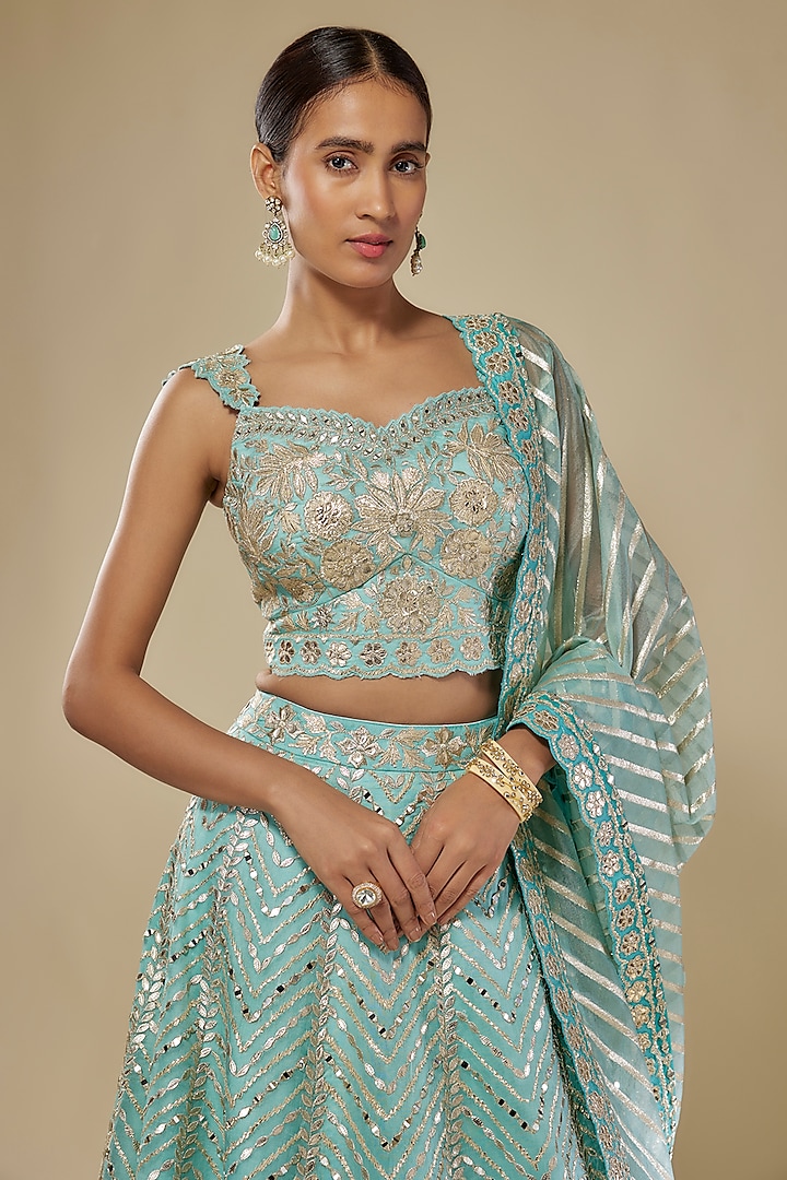 Aqua Ombre Organza Zari Embroidered Wedding Lehenga Set by Suhino at Pernia's Pop Up Shop
