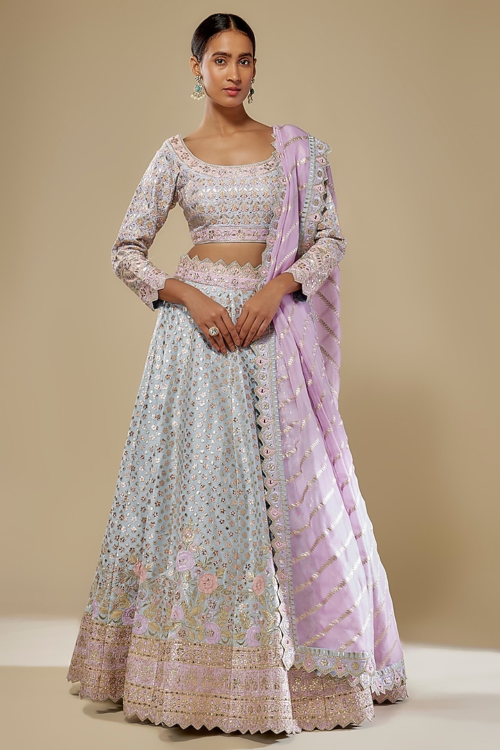 Blue Slub Silk Mirror & Gota Embroidered Wedding Lehenga Set by Suhino at Pernia's Pop Up Shop