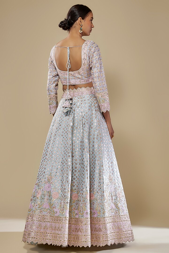 Blue Slub Silk Mirror & Gota Embroidered Wedding Lehenga Set by Suhino at Pernia's Pop Up Shop