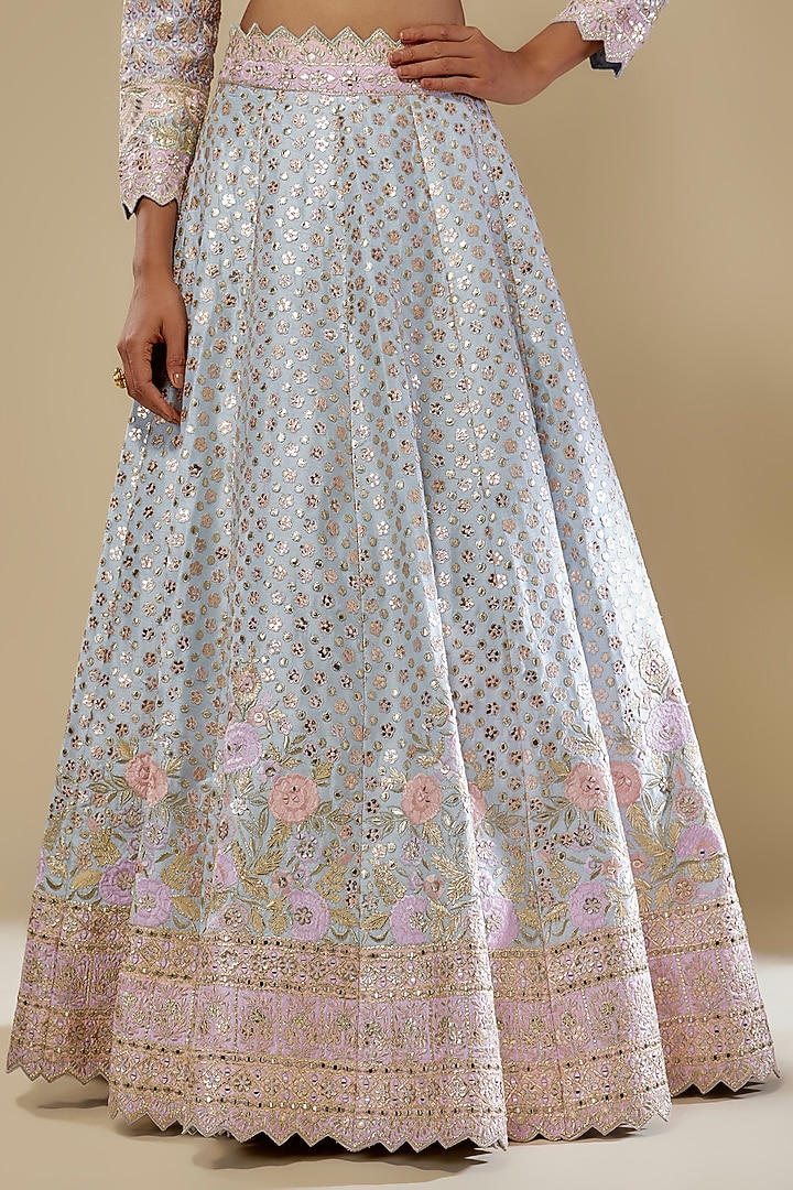 Blue Slub Silk Mirror & Gota Embroidered Wedding Lehenga Set by Suhino at Pernia's Pop Up Shop